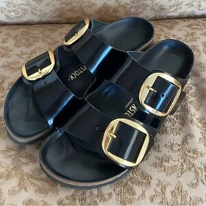 Birkenstock Black Heels with Gold Buckles
